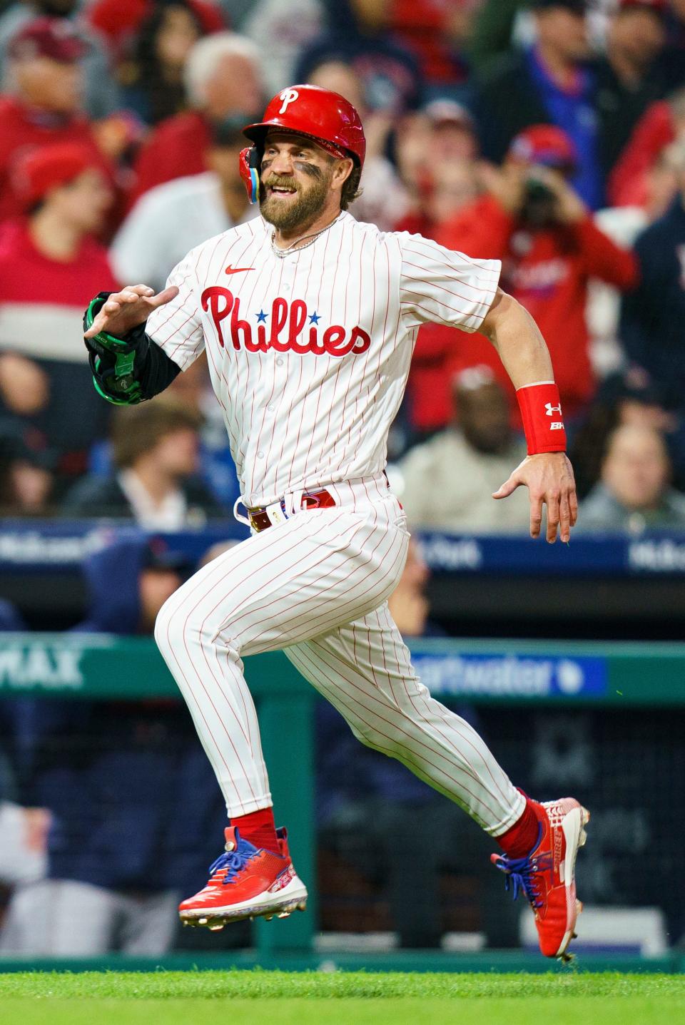 Philadelphia Phillies' Bryce Harper in action during a baseball game against the Boston Red Sox, Friday, May 5, 2023, in Philadelphia. The Red Sox won 5-3.