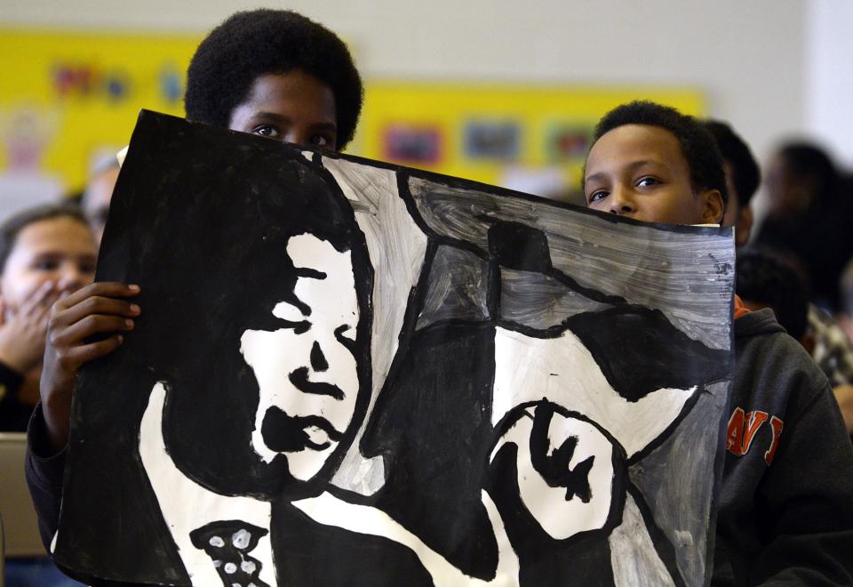 Basboos Zein and Jalo Ismael attend a ceremony at Nelson Mandela Park Public School in Toronto