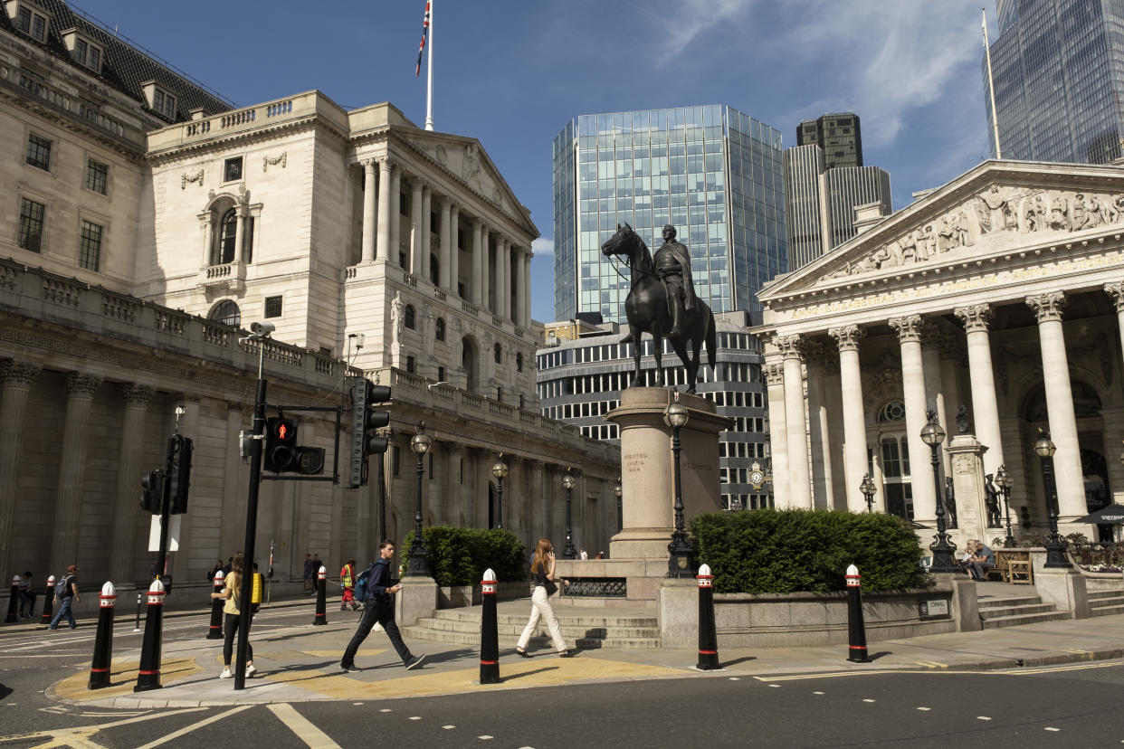 With very few people out and about the scene in the City of London financial district is one of quiet, outside the Royal Exchange near the Bank of England with the statue of the Duke of Wellington as the national coronavirus lockdown eases on 2nd July 2021 in London, United Kingdom. As the coronavirus lockdown continues its process of easing restrictions, the City remains far quieter than usual, which asks the question if normal numbers of people and city workers will ever return to the Square Mile. (photo by Mike Kemp/In Pictures via Getty Images)