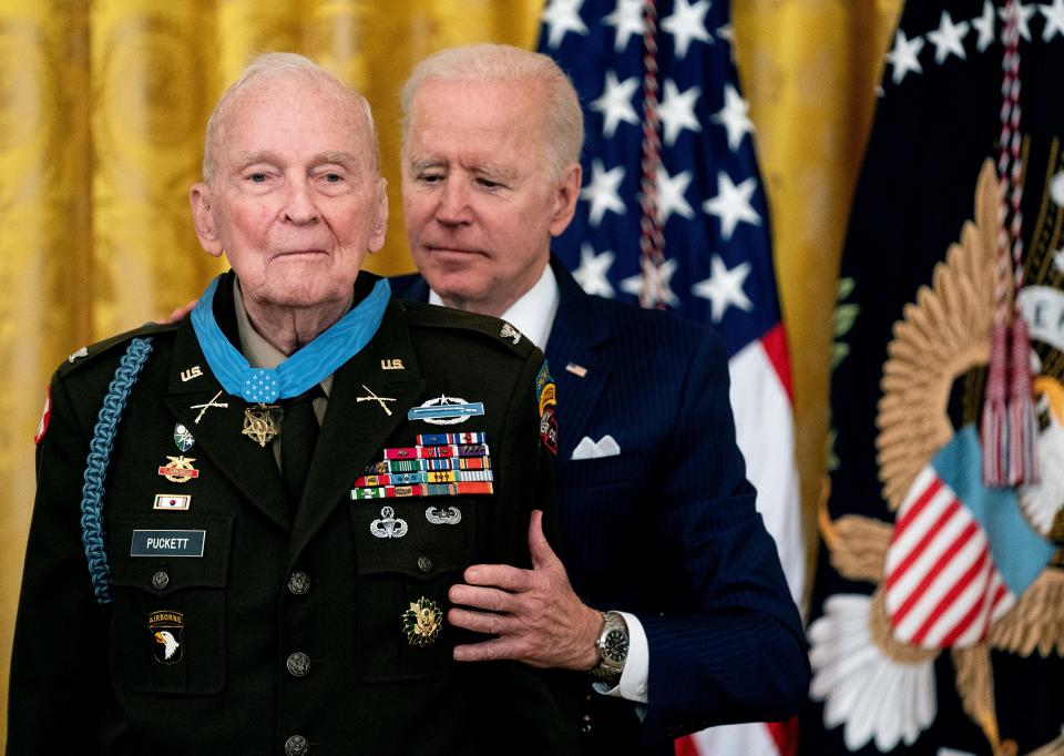 President Joe Biden presents the Medal of Honor to Army Colonel Ralph Puckett in the East Room of the White House May 21, 2021 in Washington, D.C.