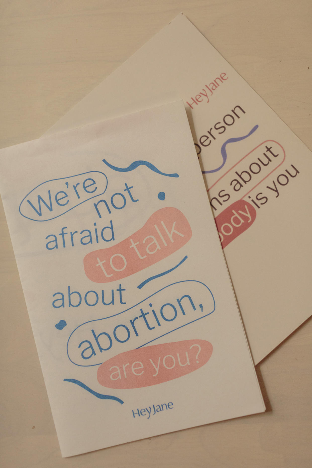 Pamphlets about Hey Jane, a telemedicine abortion service whose account TikTok suspended four times without explanation, at the apartment of Rebecca Davis, the head of marketing for Hey Jane, in New York, June 7, 2024. (Sarah Blesener/The New York Times)