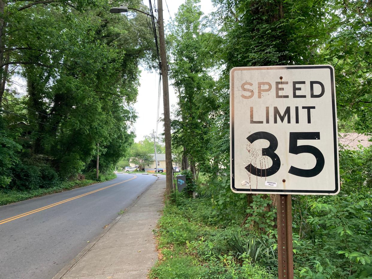 A speed limit sign on Sand Hill Road in West Asheville on May 23, 2023.