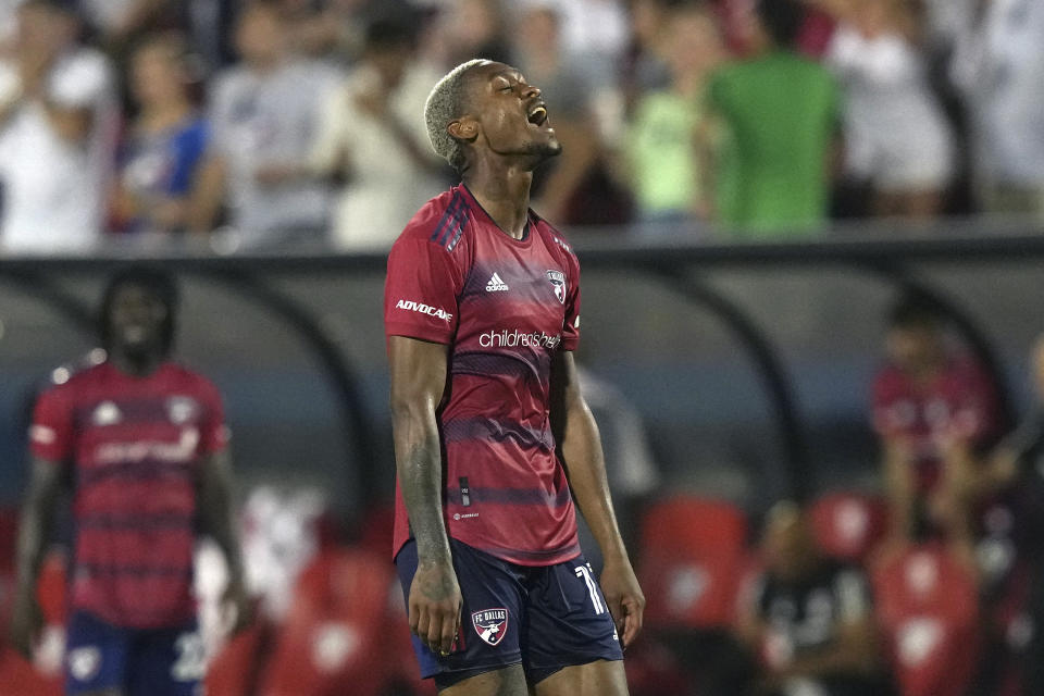 FC Dallas defender Nkosi Tafari celebrates his goal against Austin FC during the second half of an MLS soccer match Saturday, Aug. 26, 2023, in Frisco, Texas. (AP Photo/LM Otero)