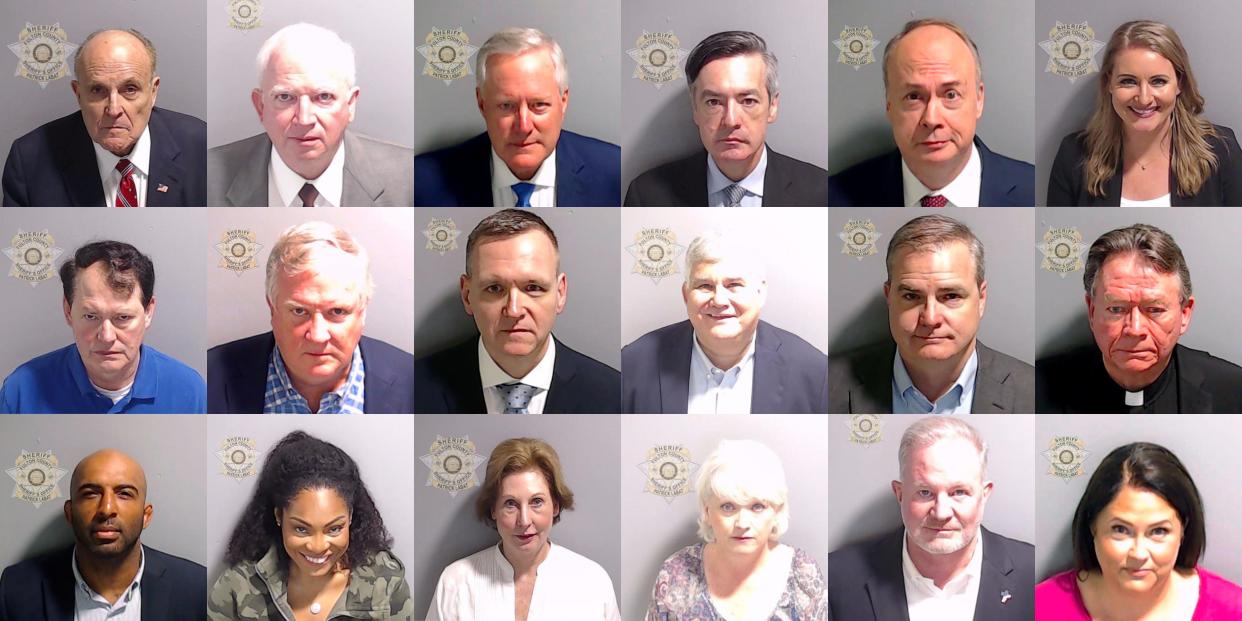 These handout booking photos provided by the Fulton County Sheriff's Office show the 18 co-defendants who surrendered and were booked along with former President Donald Trump after they were indicted on charges related to their efforts to overturn the 2020 US Presidential election in Georgia.
Top row (l-r): Rudolph William Louis Giuliani, John Charles Eastman,Mark Randall Meadows, Kenneth John Chesebro, Jeffrey Bossert Clark,Jenna Lynn Ellis
Middle row (l-r): Ray Stallings Smith III, Robert David Cheeley, Michael A. Roman, David James Shafer, Shawn Micah Tresher Still, Stephen Cliffgard Lee
Bottom row (l-r): Harrison William Prescott Floyd, Trevian C. Kutti, Sidney Katherine Powell, Cathleen Alston Latham, Scott Graham Hall, Misty Hampton