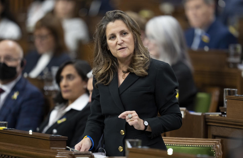 Deputy Prime Minister and Finance Minister Chrystia Freeland rises during Question Period, in Ottawa, Monday, Nov. 14, 2022. THE CANADIAN PRESS/Adrian Wyld