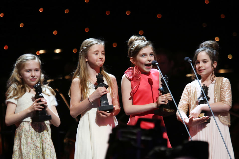 LONDON, ENGLAND - APRIL 15: (EXCLUSIVE COVERAGE) (L-R) Sophia Kiely, Kerry Ingram, Eleanor Worthington Cox and Cleo Demetriou accept the award for Best Actress in a Musical for "Matilda The Musical" onstage at the 2012 Olivier Awards at The Royal Opera House on April 15, 2012 in London, England. (Photo by Tim Whitby/Getty Images)