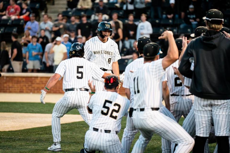 Nick Kurtz, top, celebrates with his record-breaking Wake Forest team, which is taking on Alabama in a Super Regional series starting at noon Saturday, June 10, 2023. Courtesy of Wake Forest Athletics