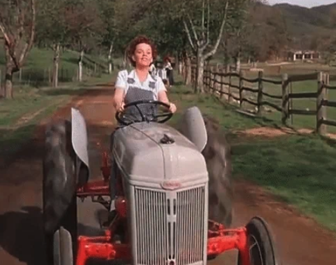 Person driving a tractor down a rural dirt road