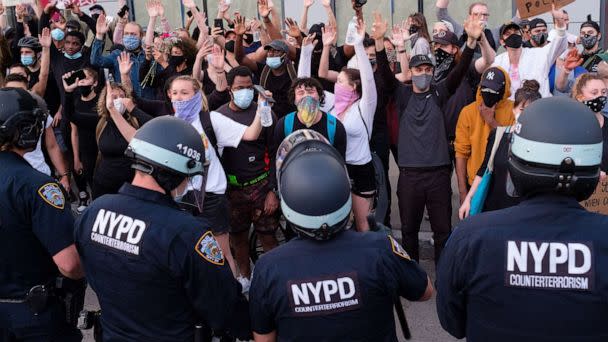 PHOTO: Protesters take over the roadway of the Manhattan Bridge in Brooklyn, New York City during a protest against police brutality and the death of George Floyd, May 31, 2020. (New York Daily News/TNS/Getty Images, FILE)