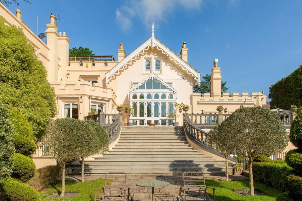 Stone steps lead down to landscaped gardens (Savills)