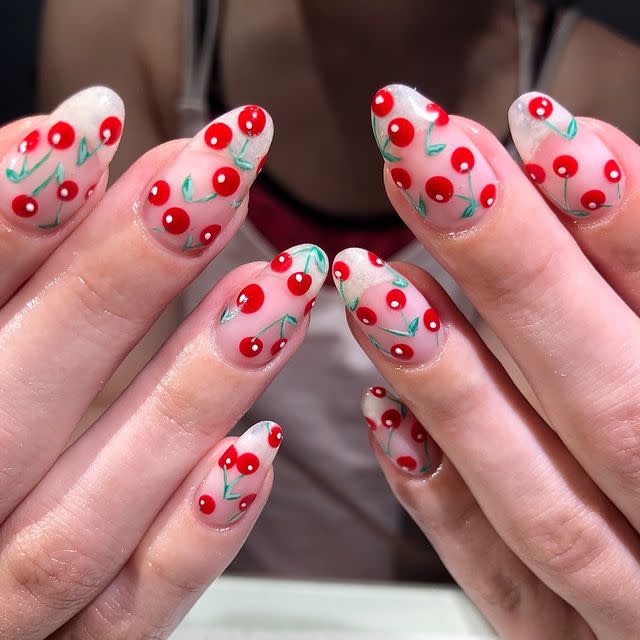 <p>Upgrade a bare or sheer nail look with the addition of ultra-cutesy cherry nail decals.</p><p><strong>Try: Butter London</strong> Patent Shine 10x Nail Lacquer in Her Majesty's Red, $18, <a href="https://www.dermstore.com/product_Patent+Shine+10x+Nail+Lacquer_63975.htm" rel="nofollow noopener" target="_blank" data-ylk="slk:dermstore.com;elm:context_link;itc:0;sec:content-canvas" class="link ">dermstore.com</a>.<a class="link " href="https://go.redirectingat.com?id=74968X1596630&url=https%3A%2F%2Fwww.dermstore.com%2Fproduct_Patent%2BShine%2B10x%2BNail%2BLacquer_63975.htm&sref=https%3A%2F%2Fwww.harpersbazaar.com%2Fbeauty%2Fnails%2Fg8274%2Fred-nail-design-ideas%2F" rel="nofollow noopener" target="_blank" data-ylk="slk:SHOP;elm:context_link;itc:0;sec:content-canvas"> SHOP</a> </p><p><a href="https://www.instagram.com/p/BtjW7CDAnKx/" rel="nofollow noopener" target="_blank" data-ylk="slk:See the original post on Instagram;elm:context_link;itc:0;sec:content-canvas" class="link ">See the original post on Instagram</a></p>