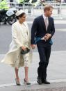 For the Commonwealth Day service, Meghan wore a cream chain print dress and coat by Victoria Beckham, with emerald green satin shoes and clutch, also by the British fashion designer [Photo: Getty]