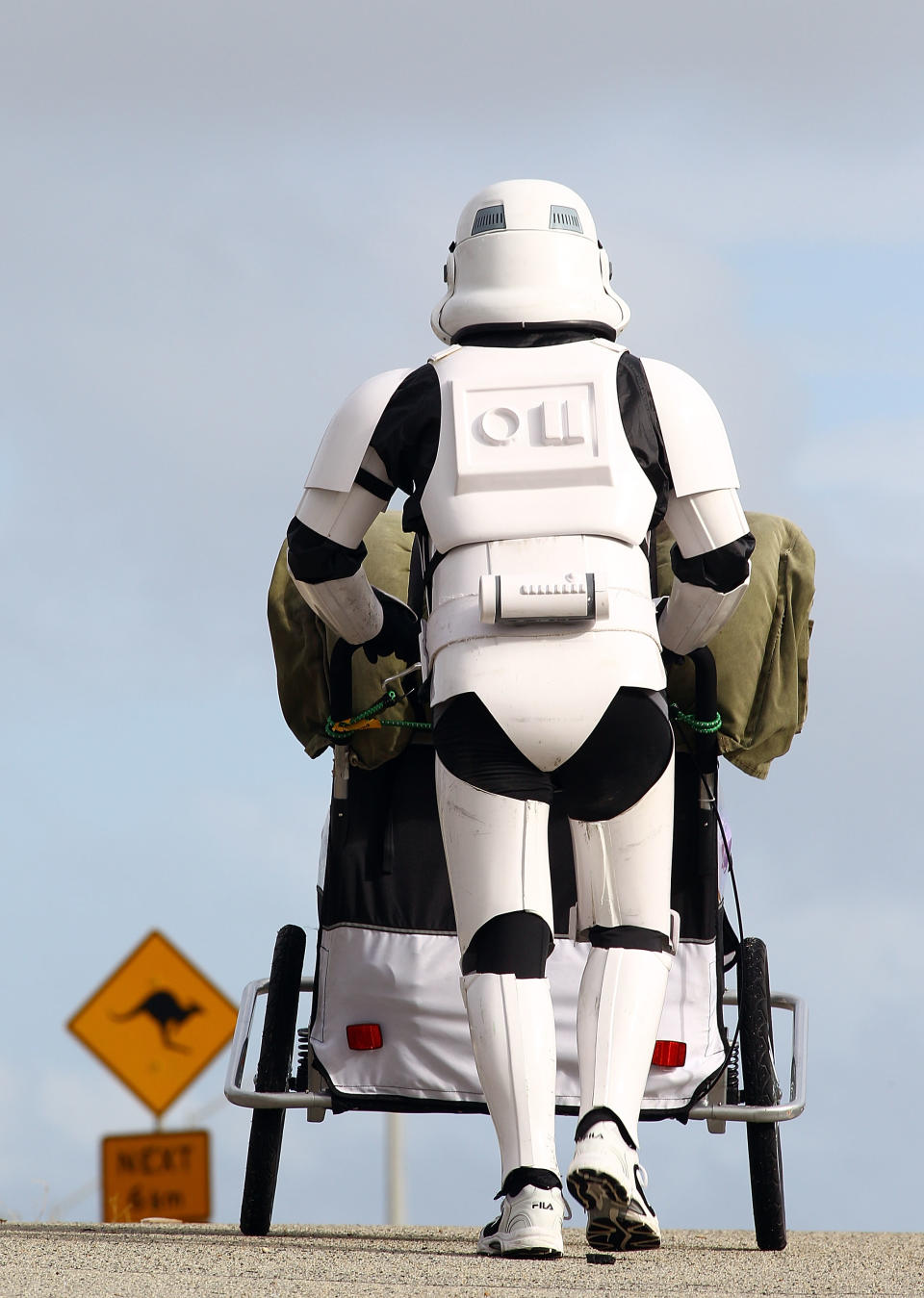 PERTH, AUSTRALIA - JULY 15: Stormtrooper Paul French is pictured on day 5 of his over 4,000 kilometre journey from Perth to Sydney walking down Old Mandurah Road on July 15, 2011 in Perth, Australia. French aims to walk 35-40 kilometres a day, 5 days a week, in full Stormtrooper costume until he reaches Sydney. French is walking to raise money for the Starlight Foundation - an organisation that aims to brighten the lives of ill and hostpitalised children in Australia. (Photo by Paul Kane/Getty Images)