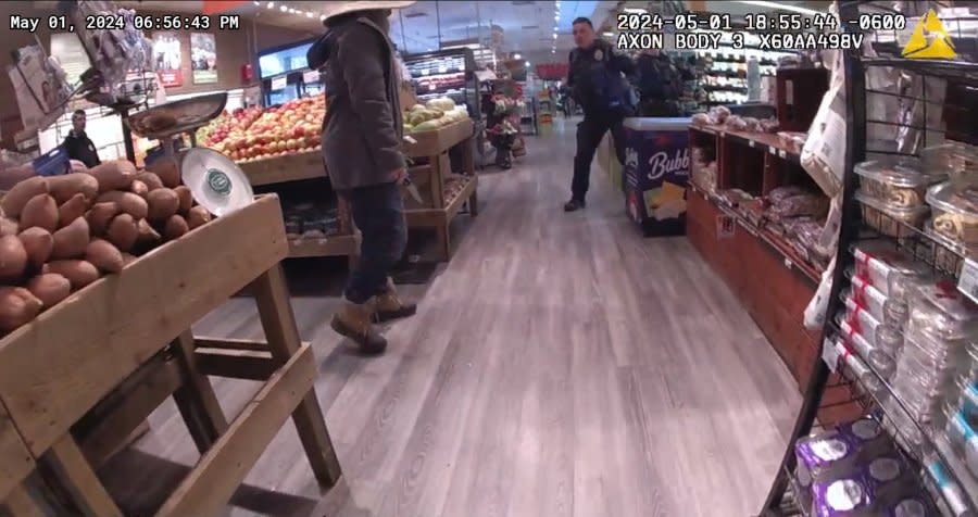 The Boulder Police Department provided these body-worn camera still images of a suspect allegedly stabbing an officer on Wednesday night in Lucky's Market.