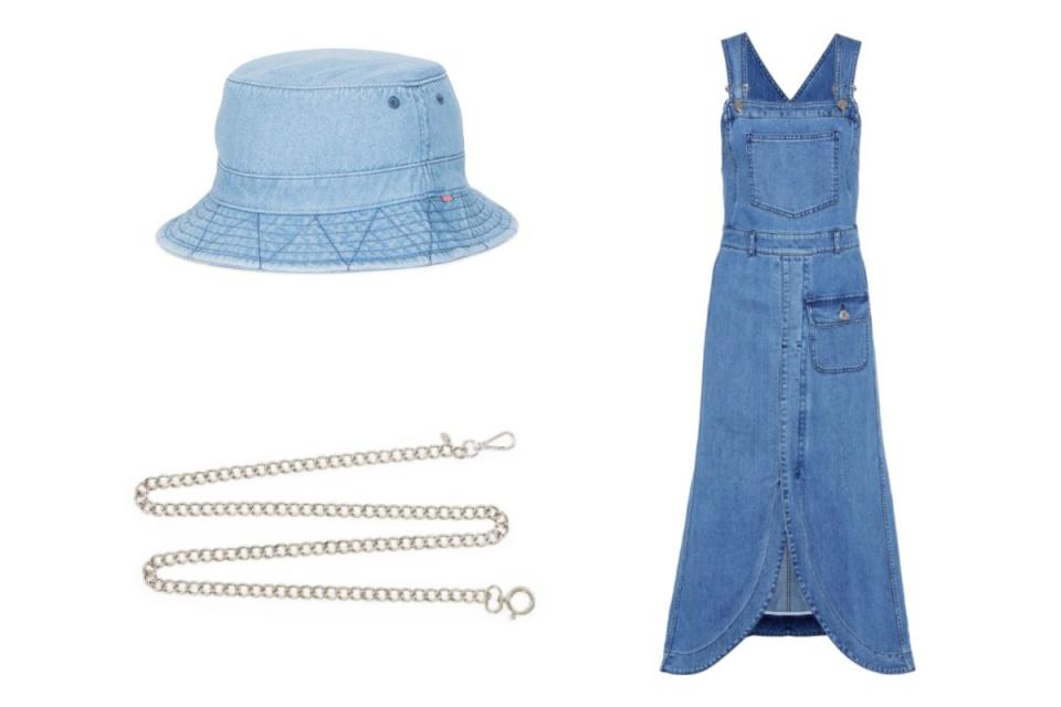 <p>Take our word for it: bucket hats are back — as are overall denim dresses. If you're <em>really</em> bold, pay homage to Britney's iconic look with a silver chain link belt and a choker. Justin, not included.</p> <p><em>Herschel Lake Bucket Hat, $40. <a rel="nofollow noopener" href="https://herschel.com/shop/headwear/lake-bucket-hat?v=1076-0377-XL&CAWELAID=120248120000014762&CAGPSPN=pla&CAAGID=32209468587&CATCI=pla-85999639389&gclid=CjwKCAjwk4vMBRAgEiwA4ftLsyQgNOOzfDNcCShUNFAzLWmD4N14N9svw6o8JGn4jrHpQldvjxsNGBoCDA0QAvD_BwE" target="_blank" data-ylk="slk:Herschel.com;elm:context_link;itc:0;sec:content-canvas" class="link ">Herschel.com</a>. Miaou Metal Chain Link Belt, $60. <a rel="nofollow noopener" href="https://miaouxx.com/collections/belts/products/chain-belt" target="_blank" data-ylk="slk:Miaouxx.com;elm:context_link;itc:0;sec:content-canvas" class="link ">Miaouxx.com</a>. See By Chloe Denim Dress, $206. <a rel="nofollow noopener" href="https://www.mytheresa.com/en-us/see-by-chloe-kleid-aus-stretchdenim-755111.html?gclid=CjwKCAjw8IXMBRB8EiwAg9fgMFWQ-RFhMlhD9sv5rX7GSG5lsuvjFpkpCfpihSNiA8XRFOYyFUk52xoCjJQQAvD_BwE#&gid=1&pid=1" target="_blank" data-ylk="slk:Mytheresa.com;elm:context_link;itc:0;sec:content-canvas" class="link ">Mytheresa.com</a>.</em></p>