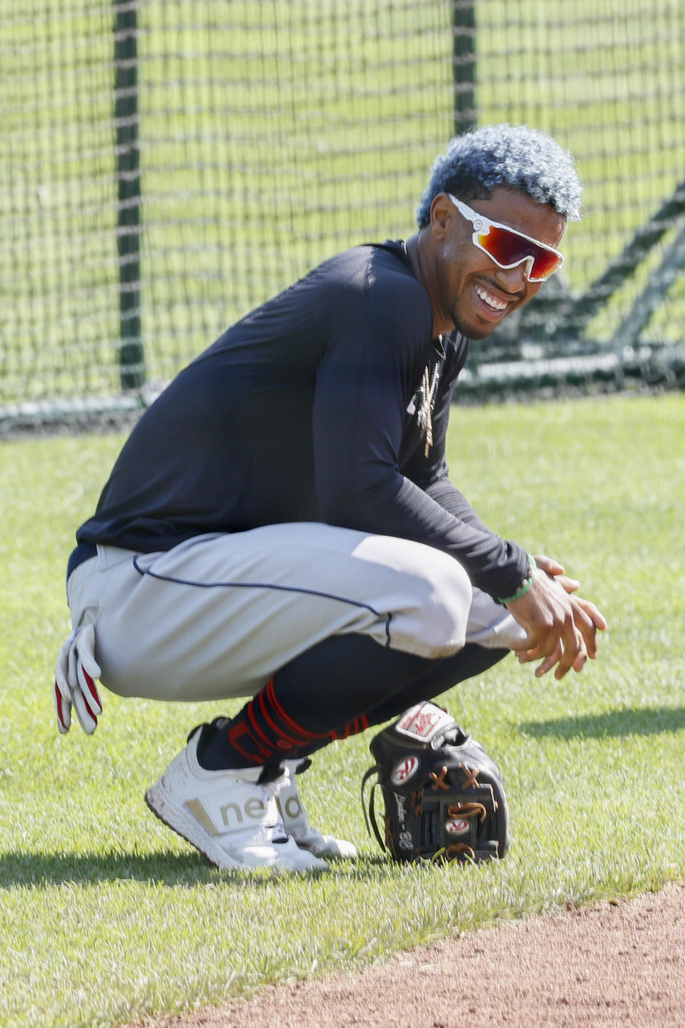 Cleveland Indians' Francisco Lindor laughs during baseball practice at Progressive Field, Monday, July 6, 2020, in Cleveland. (AP Photo/Ron Schwane)