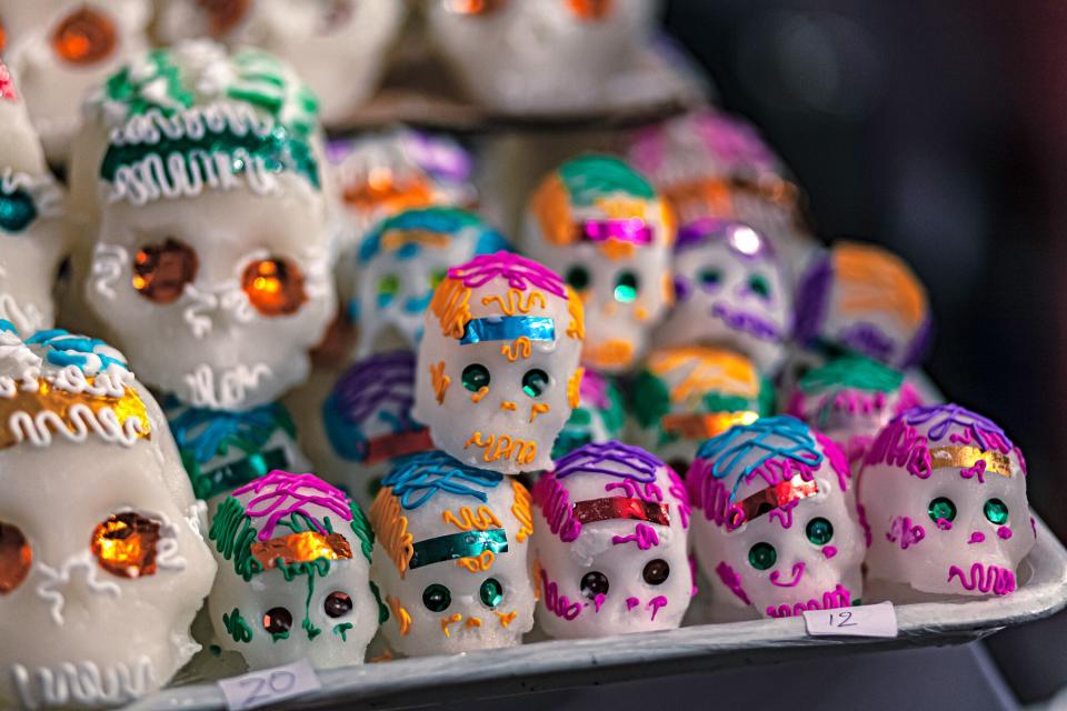 We see a close up of Mexican candy Sweet sugar skulls, this are made in the whole country of mexico.