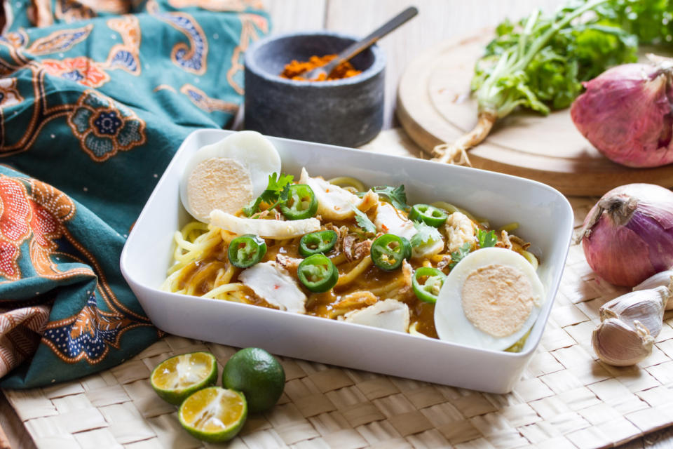 Mee rebus, a dish featuring egg noodles with thick spicy-sweet sauce