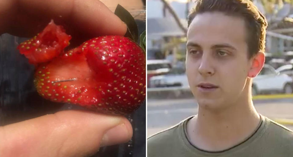 Foodstuffs and Countdown, owned by Woolworths, have pulled Australians strawberries from shelves after the discovery of needles. Pictured: Haoni Hearne who ate a needle from a contaminated strawberry bought in Woolworths. Source: 7 News