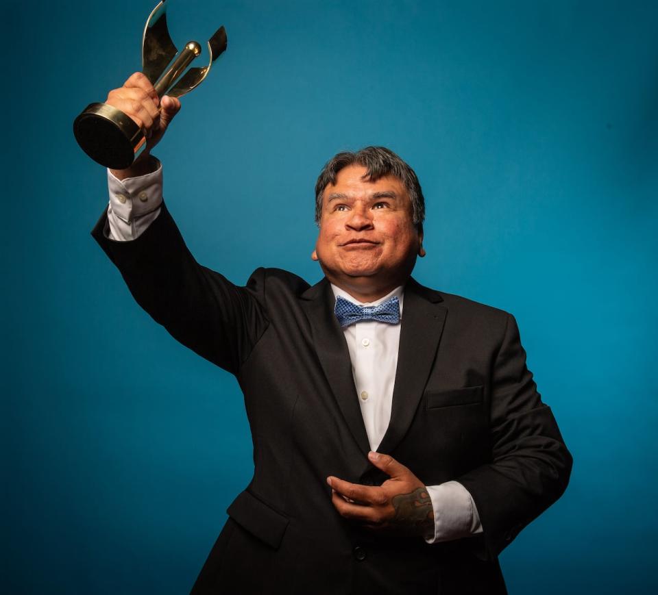 Squamish Nation comedian Keith Nahanee will host and be featured in Rez Comedy, a 90-minute stand-up special showcasing eight other Indigenous comics. Nathan, pictured above, after winning the 2024 Canadian Screen Award for Best Comedy Special for his set, Rez Style on Comedy Invasion. 