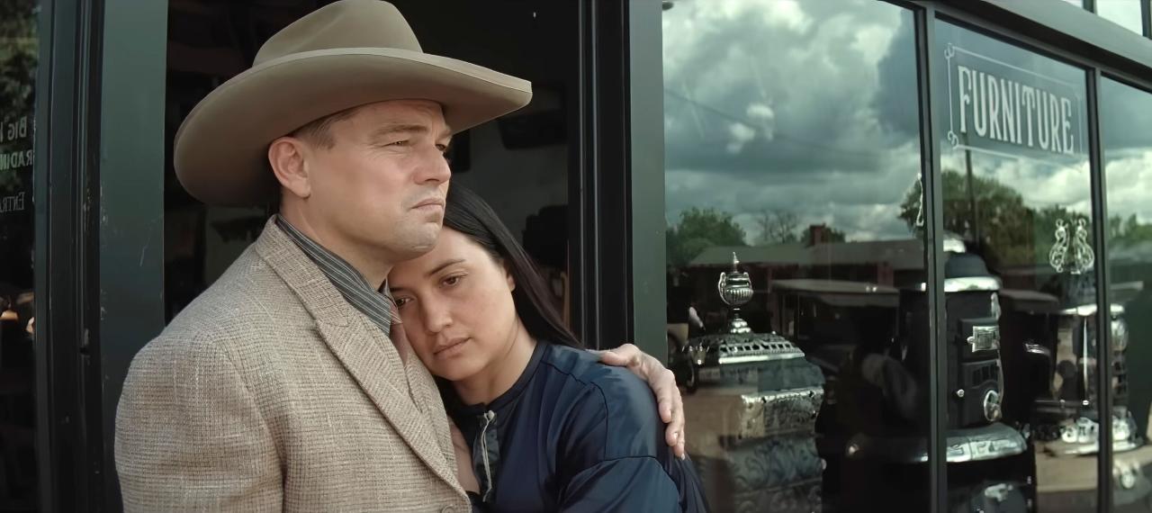 Leonardo DiCaprio and Lily Gladstone in a scene from Killers of the Flower Moon.
