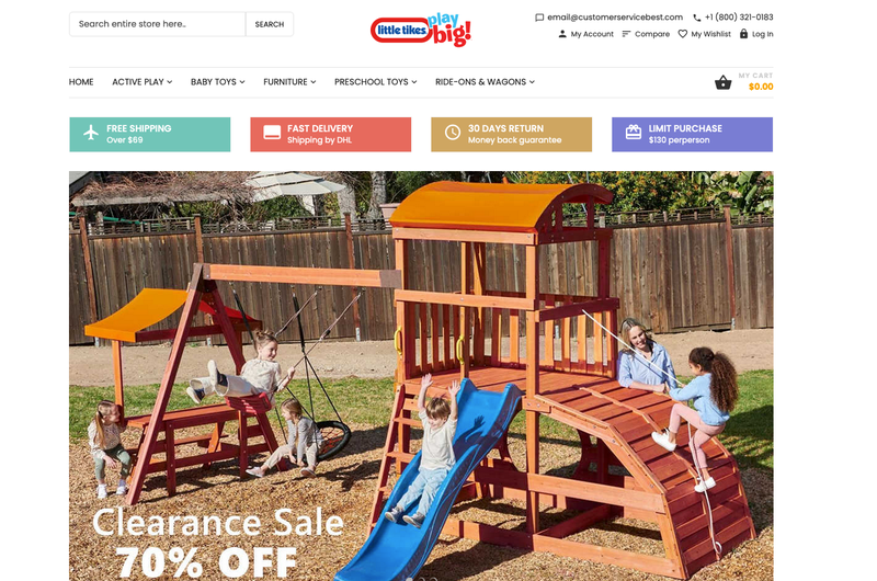 Another scam site made to look like Little Tikes, hosted at littletikesonline.com, in 2020.<br> - Screenshot: Wayback Machine / Internet Archive