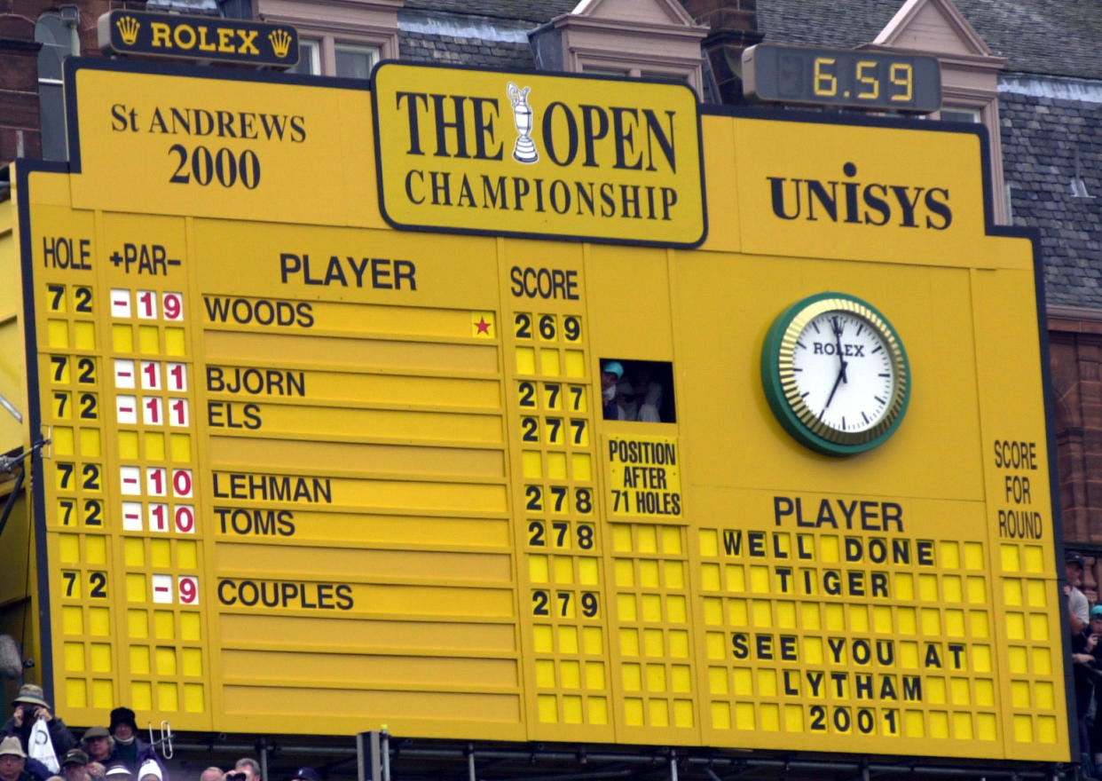 The historic scoreboard at St. Andrews after Tiger Woods score of 19 under par beat Nick Faldo's previous record of 18 under par at St. Andrews in 1990.   (Photo by Rebecca Naden - PA Images/PA Images via Getty Images)