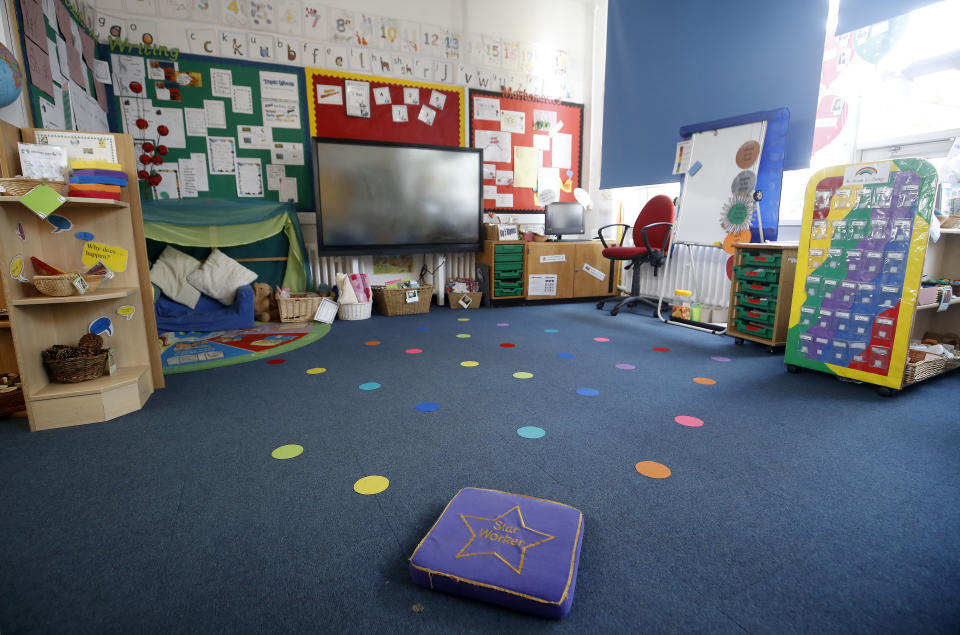 File photo dated 24/03/20 of empty floor spaces in the Reception classroom at Manor Park School and Nursery in Knutsford, Cheshire, as a third of nurseries in the most deprived areas of England may be forced to close permanently due to coronavirus-related financial difficulties, a report warns.