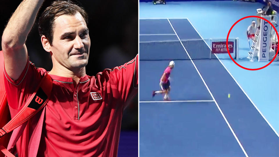 Roger Federer, pictured here hitting an insane winner at the Swiss Indoors in Basel.