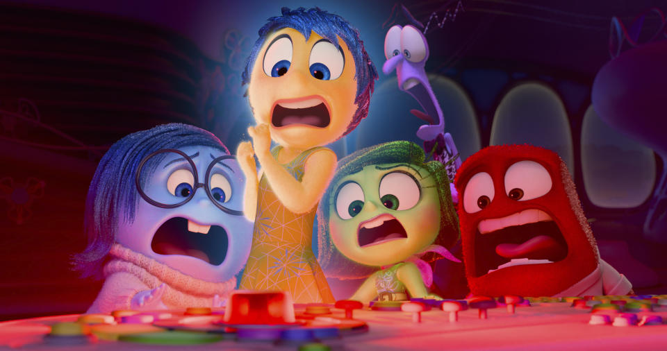 This image released by Disney/Pixar shows, from left, Sadness, voiced by Phyllis Smith, from left, Joy, voiced by Amy Poehler, Disgust, voiced by Liza Lapira, Fear, voiced by Tony Hale and Anger, voiced by Lewis Black in a scene from "Inside Out 2." (Disney/Pixar via AP)