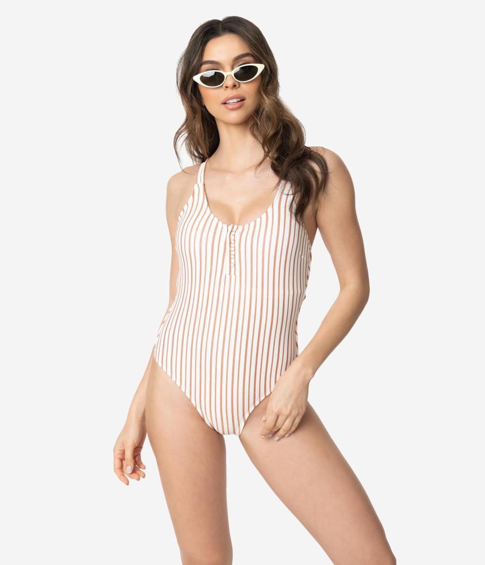 Retro Style Ivory & Sparkling Copper Stripe One Piece Swimsuit. Image vis Unique Vintage.