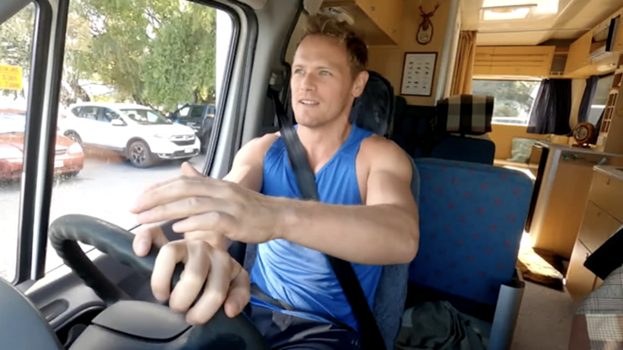  Sam Heughan driving the campervan in Men In Kilts Season 2 