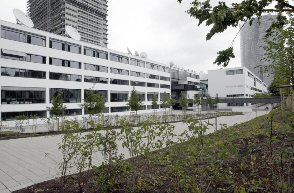 FILE - The building of German broadcaster Deutsche Welle in Bonn, Germany, July 9, 2003. Russians could face prison sentences of up to 15 years for spreading information that goes against the government’s position on the war in Ukraine. The move on Friday March 4, 2022, came as Russian authorities blocked access to foreign media that publish in Russian reports. The blocks affect the BBC, the U.S. government-funded Voice of America and Radio Free Europe/Radio Liberty, German broadcaster Deutsche Welle and Latvia-based website Meduza. (AP Photo/Hermann J. Knippertz, File)