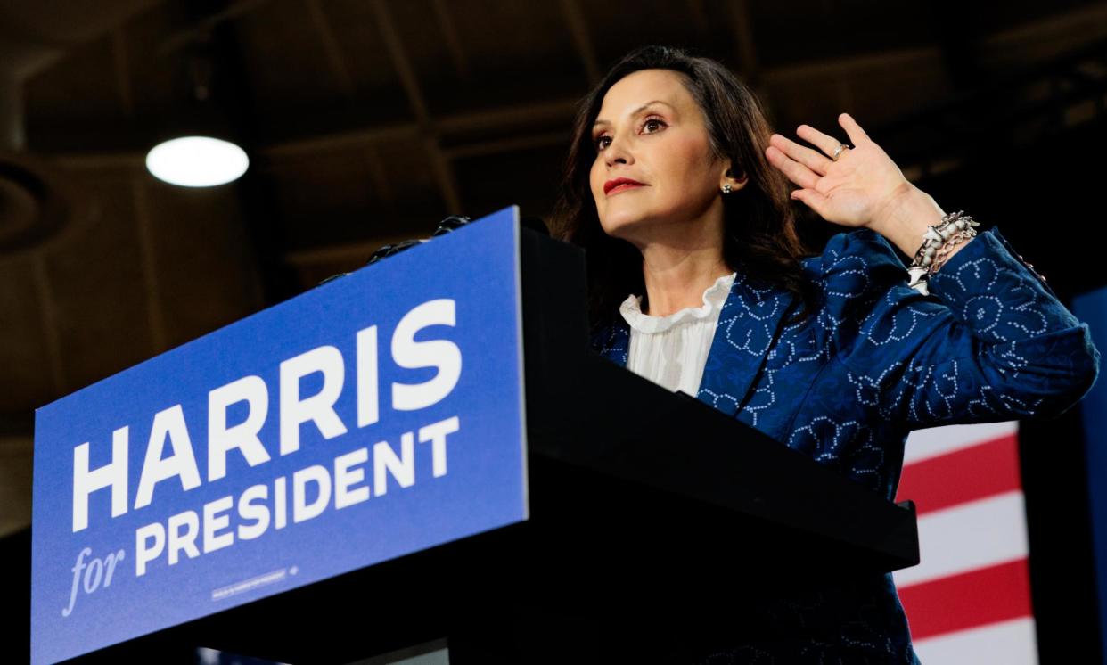 <span>The Michigan governor, Gretchen Whitmer, speaks during a campaign rally for Kamala Harris, on 29 July 2024 in Ambler, Pennsylvania.</span><span>Photograph: Hannah Beier/Getty Images</span>