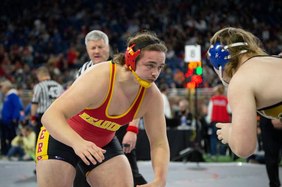 Reading's 285 wrestler Eathan Westfall in the semifinals at Ford Field