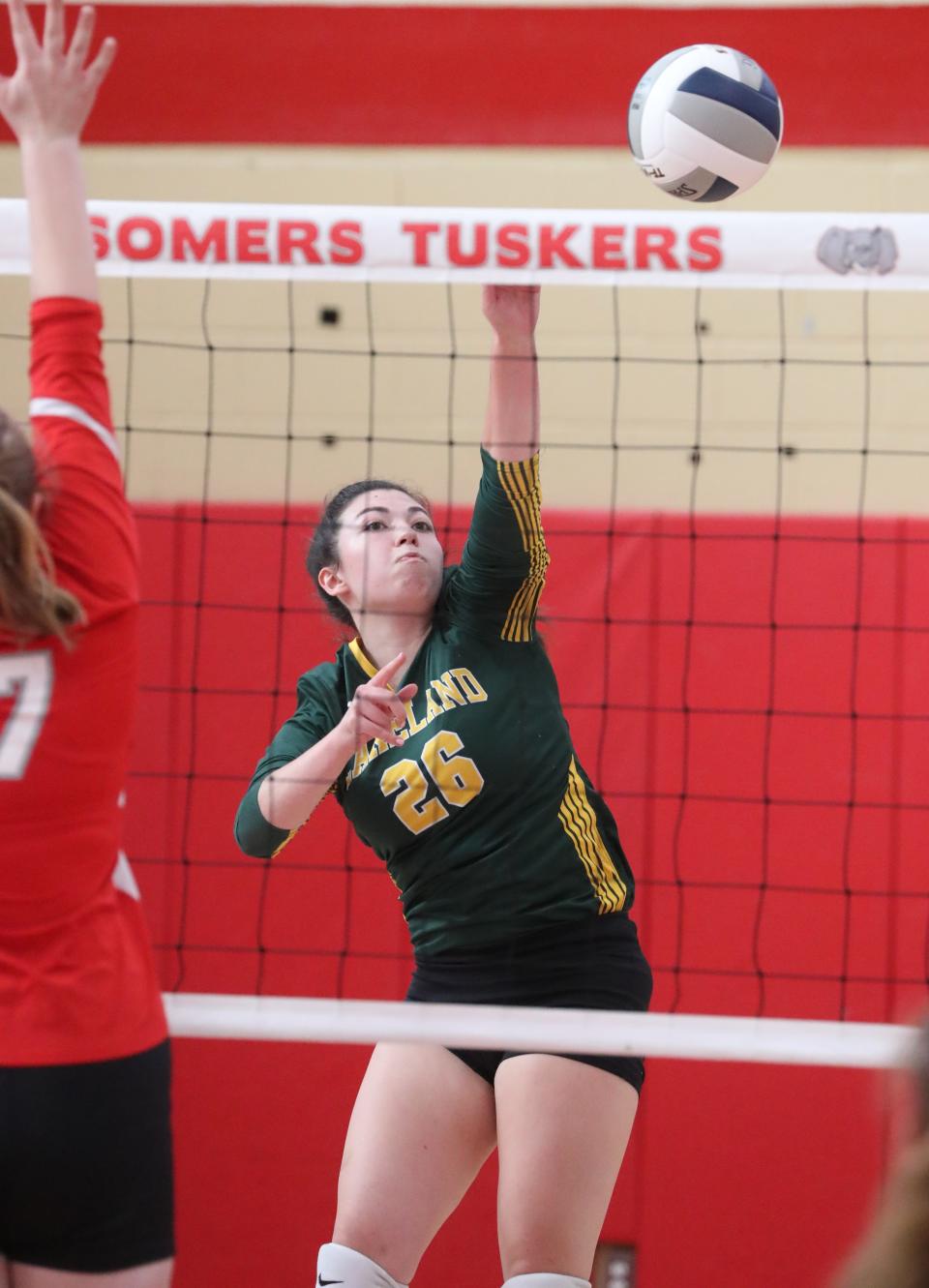 Lakeland's Kayla Jennings hits the ball during a match at Somers Sept. 28, 2022. Lakeland won 3 sets to 0.