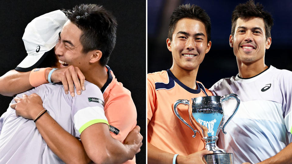 Pictured from right to left, Aussie pair Jason Kubler and Rinky Hijikata holding the Australian Open men's doubles trophy.