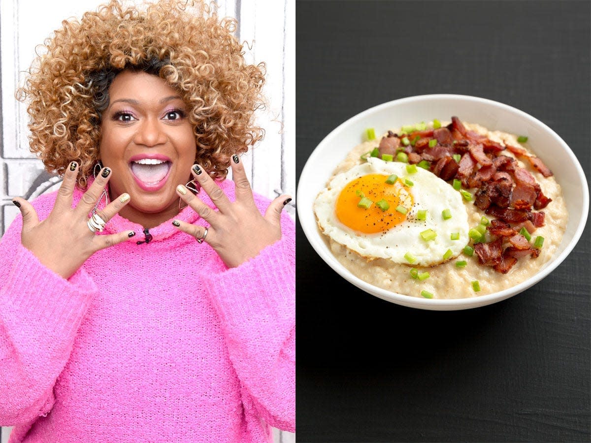 On the left, Sunny Anderson wearing a pink sweater. On the right, a bowl of oatmeal with bacon and an egg.