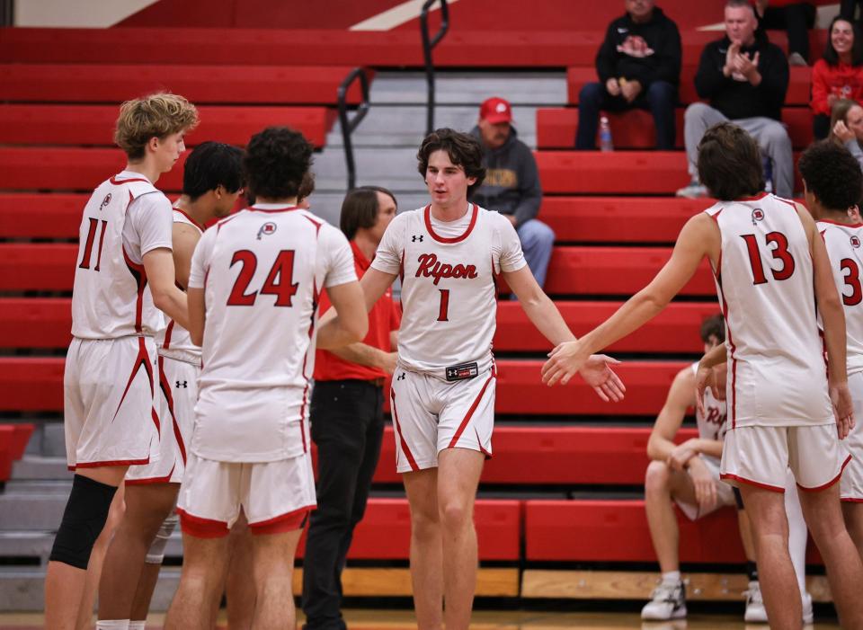 Ripon's Landon Gillespie does his walk up as the Indians announce their starting lineup for a boys basketball game during the 2023-24 season.