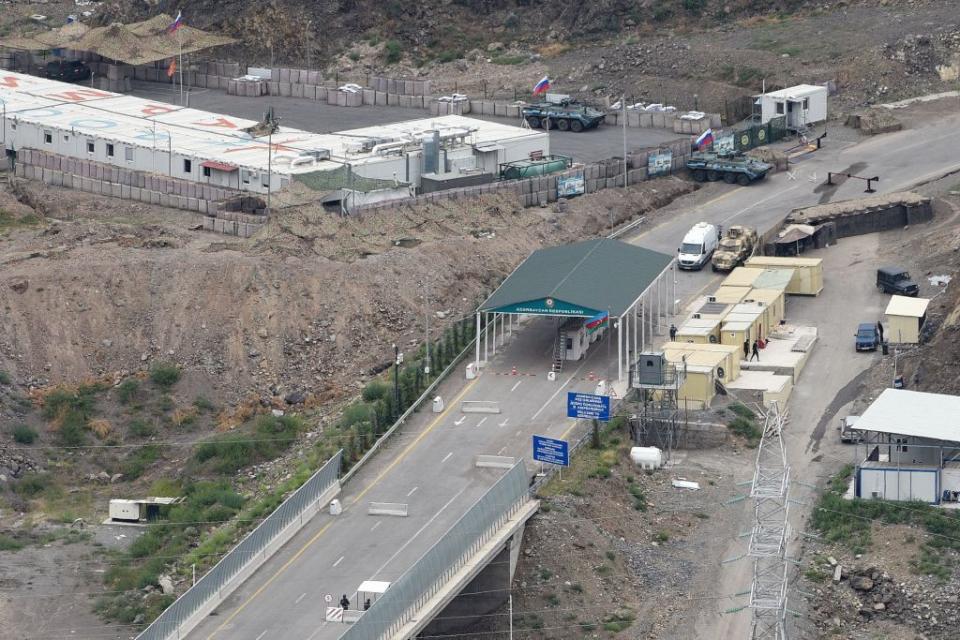 A view shows an Azerbaijani checkpoint at the entry of the Lachin corridor, the Armenian-populated breakaway Nagorno-Karabakh region's only land link with Armenia, on July 30, 2023. (Photo by Karen Minasyan/AFP via Getty Images)