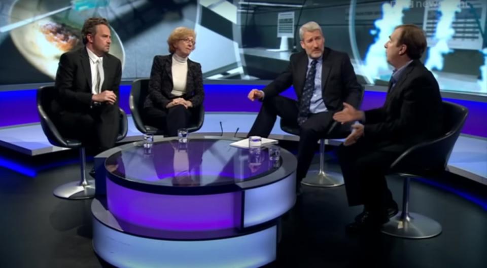 From L-R: Matthew Perry, Baroness Meacher, Jeremy Paxman, Peter Hitchens on ‘Newsnight’ in 2013 (BBC)