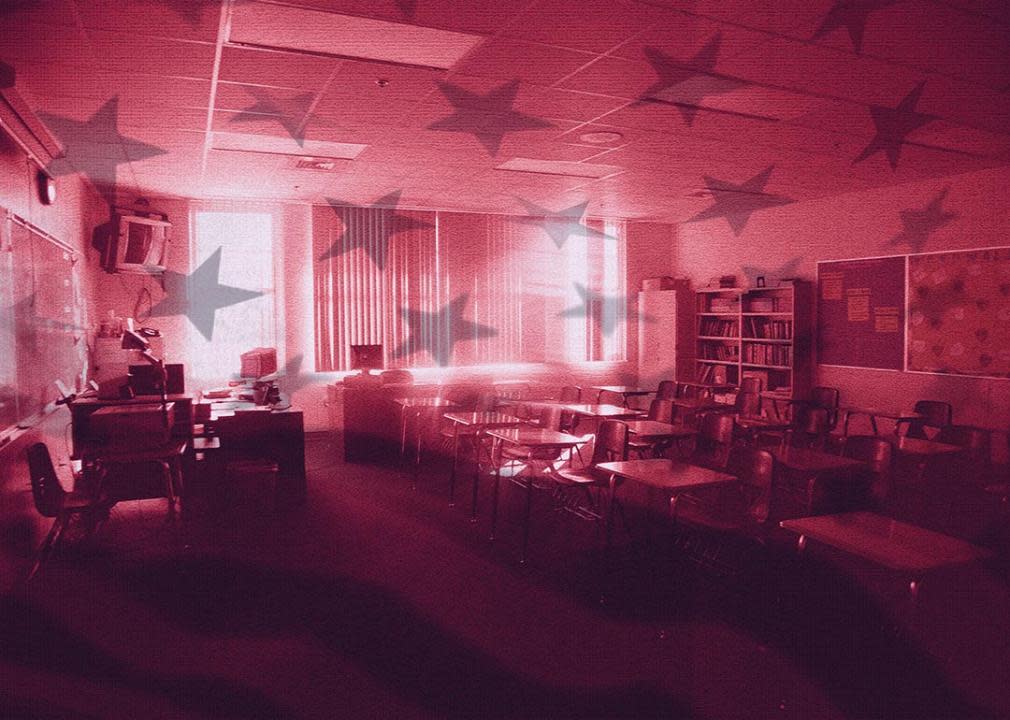 Photo illustration with red tones and American flag overlaid on silhouetted classroom; concept of changing education.