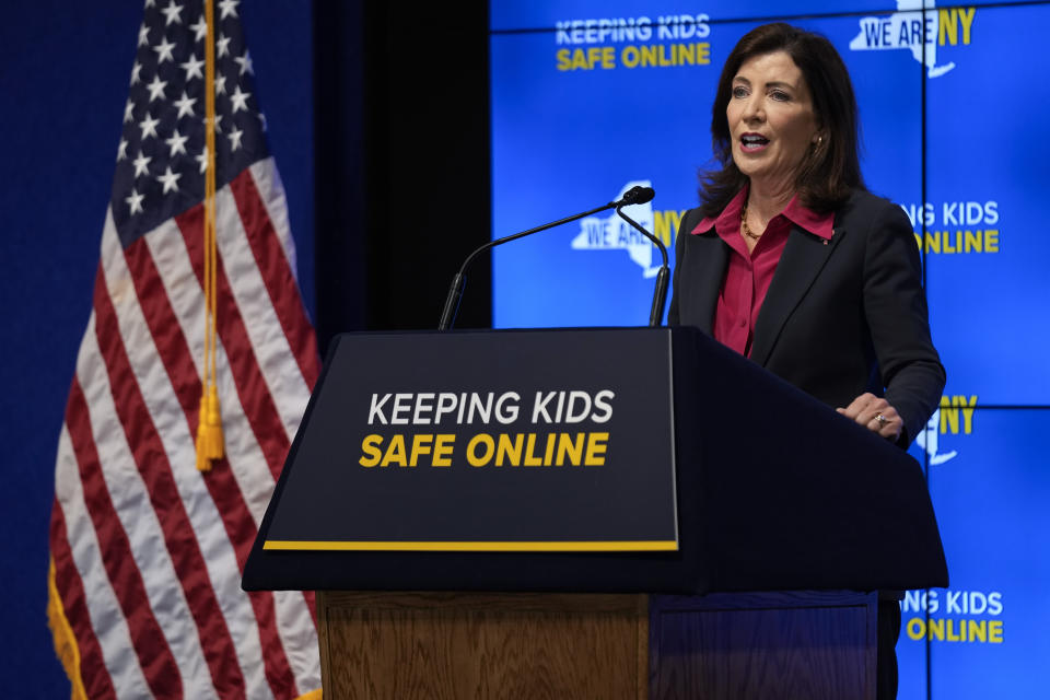 New York Gov. Kathy Hochul speaks during a news conference in New York, Wednesday, Oct. 11, 2023. New York is bidding to put new controls on social media platforms that state leaders say will protect the mental health of younger users. (AP Photo/Seth Wenig)