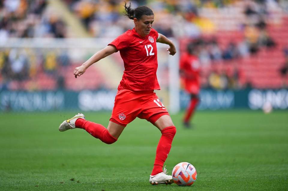 BRISBANE, AUSTRALIA - SEPTEMBER 03: Christine Sinclair of Canada in action during the International Women's World Cup Friendly match between the Australia Matildas and Canada at Suncorp Stadium on September 03, 2022 in Brisbane, Australia. (Photo by Albert Perez/Getty Images)