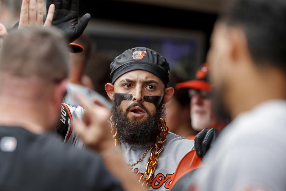 Baltimore Orioles' Rougned Odor celebrates his solo home run against the Minnesota Twins in the fifth inning of a baseball game, Sunday, July 3, 2022, in Minneapolis. (AP Photo/Bruce Kluckhohn)