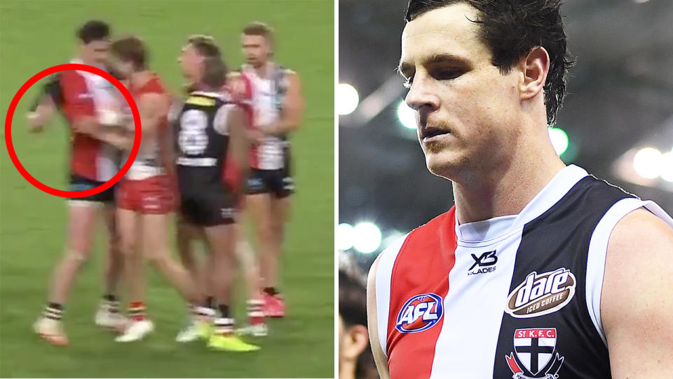 A 50-50 image shows a screenshot of Jake Carlisle attempting to hit Dane Rampe's injured hand, and a picture of him walking off the field on the right.