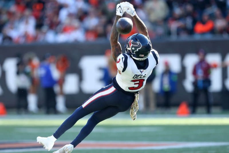 Houston Texans wide receiver Tank Dell sustained a fractured fibula in Week 14. File Photo by John Sommers II/UPI