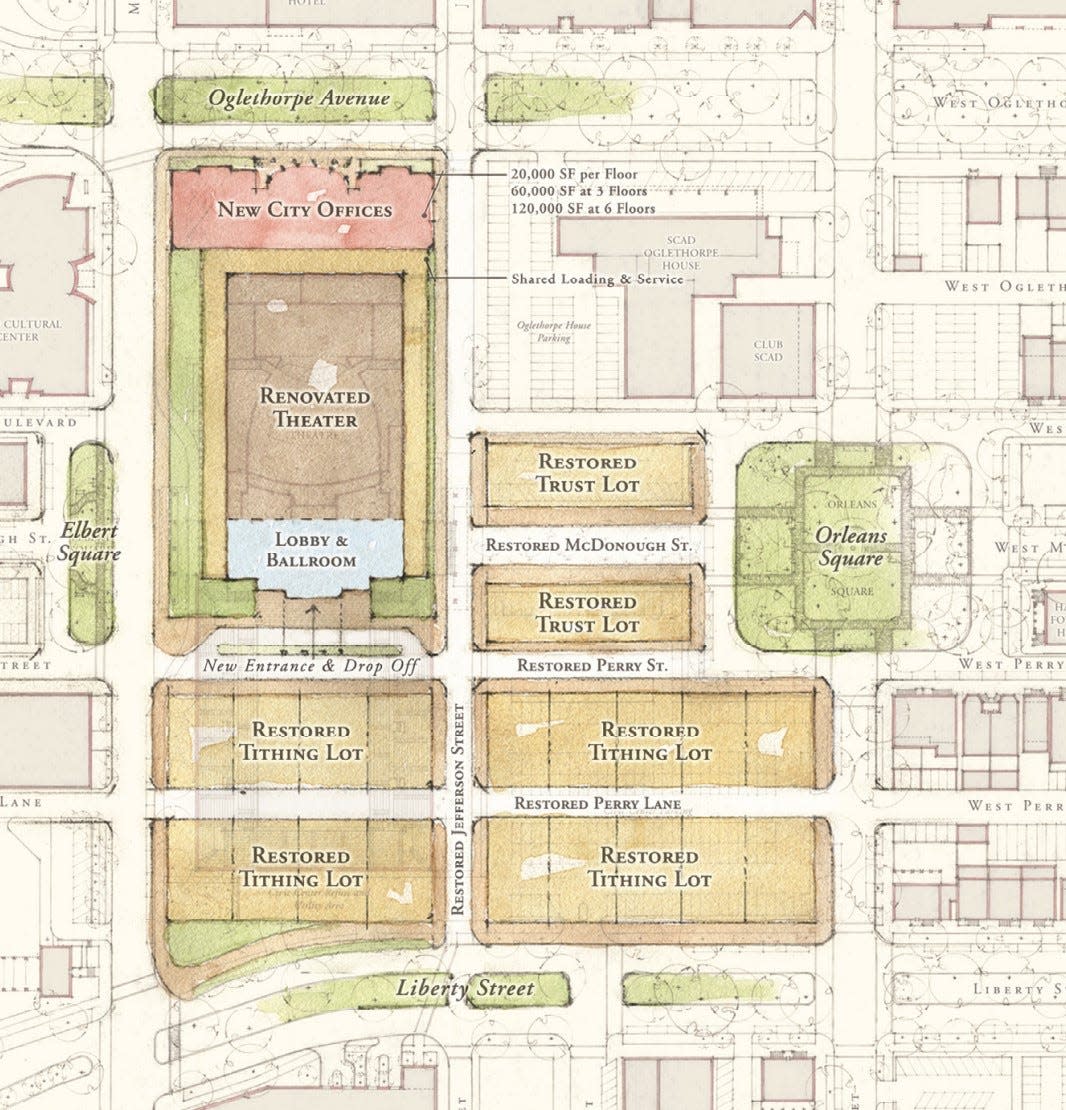 A map showing the plan for the Civic Center that was endorsed by the Savannah City Council two years ago, which would lead to keeping part of the complex and demolishing the rest.