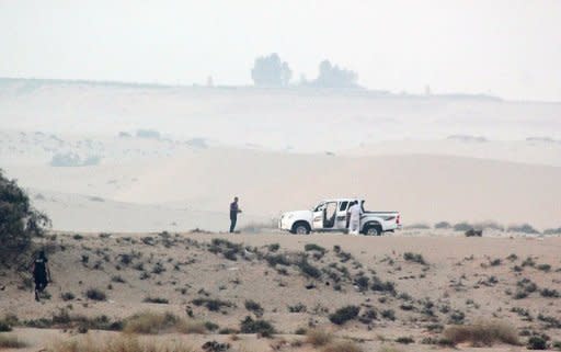 Members of the Egyptian security forces take position during an operation in the Sinai peninsula on Wednesday. Egypt's army declared tentative victory in a crackdown on Islamist militants in Sinai Wednesday, hours after state television reported the military killed 20 militants in unprecedented air strikes