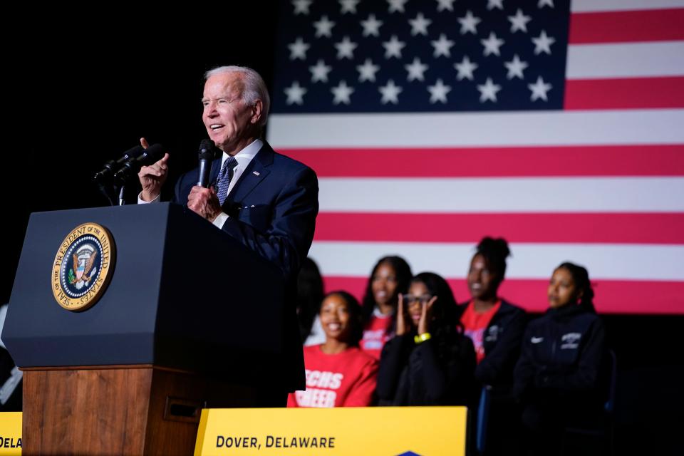 President Joe Biden speaks about student loan debt relief at Delaware State University on Oct. 21, 2022.